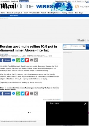 Обложка электронного документа Russian govt mulls selling 10.9 pct in diamond miner ALROSA -Interfax