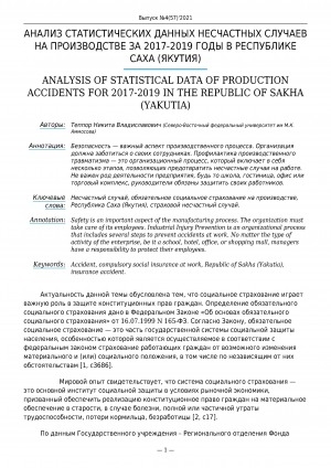 Обложка электронного документа Анализ статистических данных несчастных случаев на производстве за 2017-2019 годы в Республике Саха (Якутия) <br>Analysis of statistical data of production accidents for 2017-2019 in the Republic of Sakha (Yakutia)