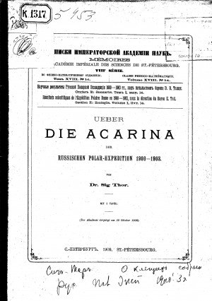 Обложка Электронного документа: Ueber die Acarina der Russischen Polar-Expedition 1900-1903: mit 1 Tafel