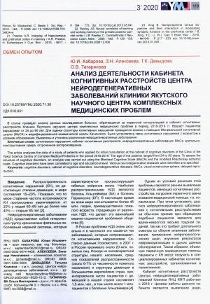 Обложка электронного документа Анализ деятельности кабинета когнитивных расстройств центра нейродегеративных заболеваний клиники Якутского научного центра комплексных медицинских проблем
