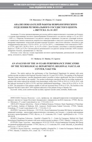Обложка электронного документа Анализ показателей работы неврологического отделения регионального сосудистого центра г. Якутска за 10 лет