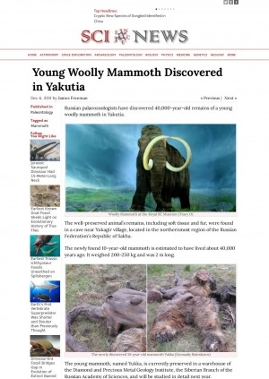 Обложка электронного документа Young Woolly Mammoth Discovered in Yakutia: [Yukagir village, Ust Yanski region]