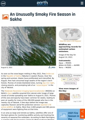 Обложка электронного документа An Unusually Smoky Fire Season in Sakha: [about forest fires in Yakutia in 2021 with comments of earth scientist of Miami University (Ohio) Jessica McCarty]