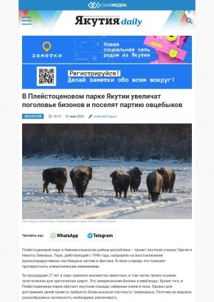 Обложка электронного документа В Плейстоценовом парке Якутии увеличат поголовье бизонов и поселят партию овцебыков: [Нижнеколымский район]