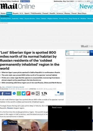 Обложка электронного документа "Lost" Siberian tiger is spotted 800 miles north of its normal habitat by Russian residents of the 'coldest permanently inhabited' region in the world: [comments of a pilot of Russia's Aerial Forest Protection Service Andrey Ivanov]