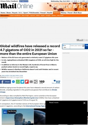 Обложка Электронного документа: Global wildfires have released a record 4.7 gigatons of CO2 in 2021 so far - more than the entire European Union