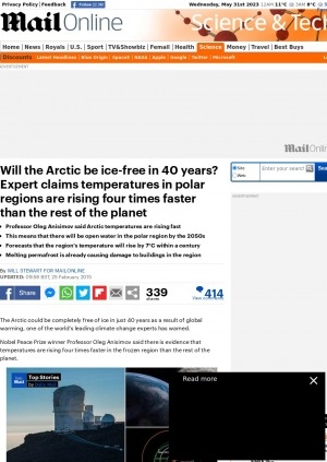 Обложка электронного документа Will the Arctic be ice-free in 40 years? Expert claims temperatures in polar regions are rising four times faster than the rest of the planet: [with comments of the professor of the State Hydrological Institute in St Petersburg Oleg Anisimov]