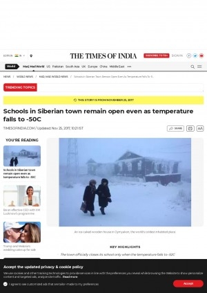 Обложка Электронного документа: Schools in Siberian town remain open even as temperature falls to -50C