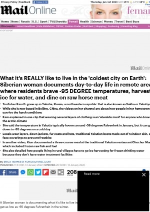 Обложка электронного документа What it's really like to live in the "coldest city on Earth": Siberian woman documents day-to-day life in remote area where residents brave -95 degree temperatures, harvest ice for water, and dine on raw horse meat