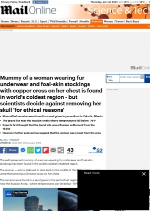 Обложка электронного документа Mummy of a woman wearing fur underwear and foal-skin stockings with copper cross on her chest is found in world's coldest region - but scientists decide against removing her skull 'for ethical reasons': [comment of the archaeologist of the Academy of Sciences of the Republic of Sakha (Yakutia) Elena Solovyova]