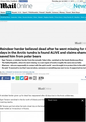 Обложка Электронного документа: Reindeer herder believed dead after he went missing for 42 days in the Arctic tundra is found alive and claims shamen saved him from polar bears