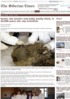 Обложка Электронного документа: Sasha, the world's only baby woolly rhino, is 34,000 years old, say scientists: [with the comments of Head of the Mammoth Fauna Department of Sakha Republic Academy of Sciences Albert Protopopov, a research fellow of the Zoological Institute in St Petersburg Olga Potapova]