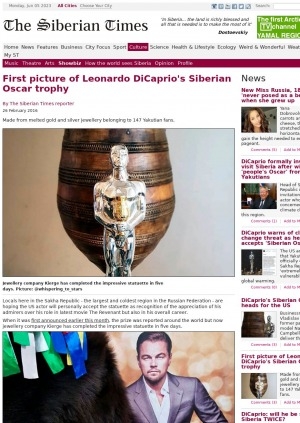Обложка Электронного документа: First picture of Leonardo DiCaprio's Siberian Oscar trophy