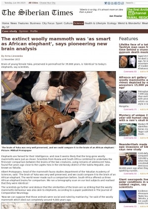 Обложка Электронного документа: The extinct woolly mammoth was "as smart as African elephant", says pioneering new brain analysis: [with comments of the head of the mammoth fauna studies department of the Yakutian Academy of Sciences Albert Protopopov]
