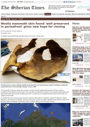 Обложка электронного документа Woolly mammoth skin found 'well preserved in permafrost' gives new hope for cloning: [with the comments of the Director of the Lazarev Mammoth Museum at Northeastern Federal University Semyon Grigoryev]