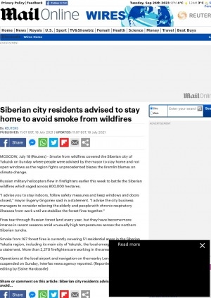 Обложка Электронного документа: Siberian city residents advised to stay home to avoid smoke from wildfires: [with comments of the mayor of Yakutsk Evgeny Grigoriev]