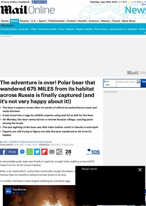 Обложка электронного документа The adventure is over! Polar bear that wandered 675 miles from its habitat across Russia is finally captured (and it's not very happy about it!): [with comments of Minister of ecology in Yakutia region, Sahamin Afanasiev]