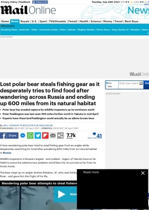 Обложка электронного документа Lost polar bear steals fishing gear as it desperately tries to find food after wandering across Russia and ending up 600 miles from its natural habitat: [with comments of Minister of ecology in Yakutia region, Sahamin Afanasiev]