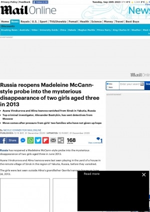 Обложка Электронного документа: Russia reopens Madeleine McCann-style probe into the mysterious disappearance of two girls aged three in 2013