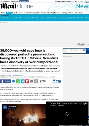 Обложка электронного документа 39,000-year-old cave bear is discovered perfectly preserved and baring its teeth in Siberia: Scientists hail a discovery of 'world importance': [with comments of the Scientist Dr Lena Grigorieva, senior researcher, candidate of biological sciences at the Mammoth Museum laboratory in Yakutsk Dr Maxim Cheprasov]