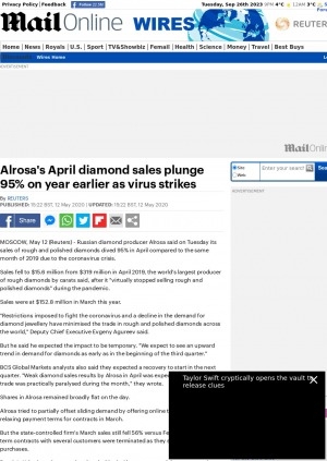 Обложка Электронного документа: Alrosa's April diamond sales plunge 95% on year earlier as virus strikes