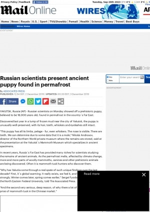 Обложка Электронного документа: Russian scientists present ancient puppy found in permafrost: [with comments of the director of the Northern World private museum Nikolai Androsov, scientist with the North Eastern Federal University Sergei Fyodorov]