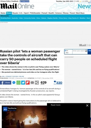 Обложка электронного документа Russian pilot 'lets a woman passenger take the controls of aircraft that can carry 50 people on scheduled flight over Siberia'