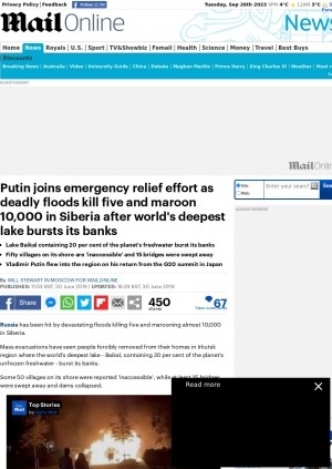 Обложка электронного документа Putin joins emergency relief effort as deadly floods kill five and maroon 10,000 in Siberia after world's deepest lake bursts its banks