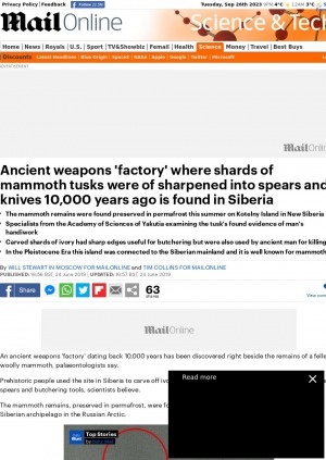 Обложка электронного документа Ancient weapons 'factory' where shards of mammoth tusks were of sharpened into spears and knives 10,000 years ago is found in Siberia: [with comments of the mammoth expert Innokenty Pavlov]