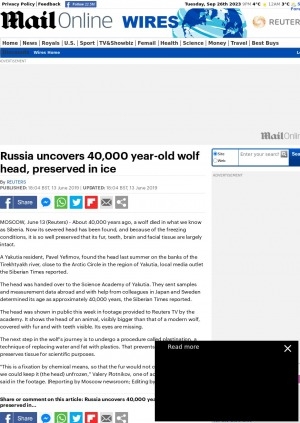 Обложка электронного документа Russia uncovers 40,000 year-old wolf head, preserved in ice