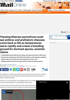 Обложка Электронного документа: Thawing Siberian permafrost could see anthrax and prehistoric diseases come back to life as temperatures warm rapidly and create a breeding ground for dormant spores, scientist claims: [with comments of the Yakutsk biologist and scientist Boris Kershengolts]