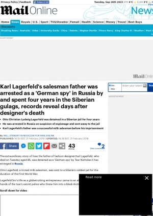 Обложка Электронного документа: Karl Lagerfeld's salesman father was arrested as a 'German spy' in Russia by and spent four years in the Siberian gulags, records reveal days after designer's death
