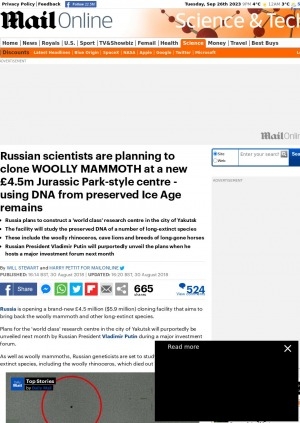 Обложка электронного документа Russian scientists are planning to clone woolly mammoth at a new £4.5m Jurassic Park-style centre - using DNA from preserved Ice Age remains