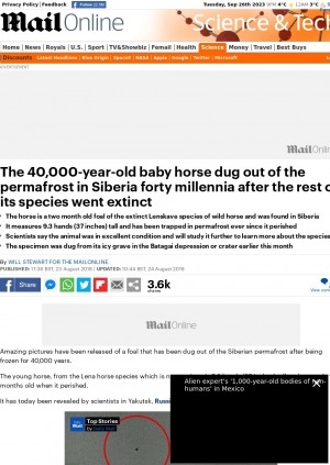 Обложка Электронного документа: The 40,000-year-old baby horse dug out of the permafrost in Siberia forty millennia after the rest of its species went extinct: [with comments of the head of the Mammoth Museum in Yakutsk Semyon Grigoryev]