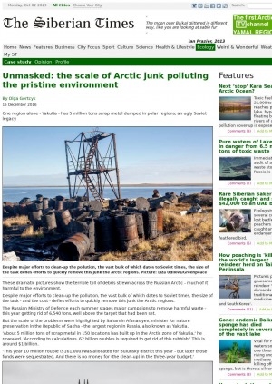 Обложка Электронного документа: Unmasked: the scale of Arctic junk polluting the pristine environment: [with comments of the minister for nature preservation in the Republic of Sakha Sahamin Afanasiyev, Kirill Chistyakov vice president of Russian Geographic Society and director of the Institute of Earth Studies at St Petersburg State University]