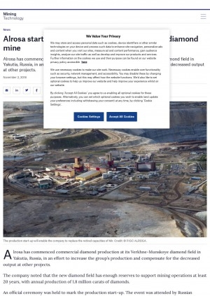 Обложка Электронного документа: Alrosa starts production at Verkhne-Munskoye diamond mine