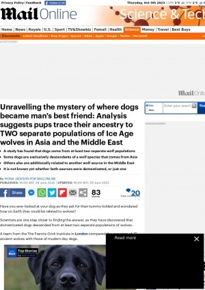 Обложка Электронного документа: Unravelling the mystery of where dogs became man's best friend: Analysis suggests pups trace their ancestry to TWO separate populations of Ice Age wolves in Asia and the Middle East