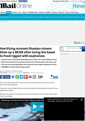 Обложка Электронного документа: Horrifying moment Russian miners blow up a BEAR after luring the beast to food rigged with explosives