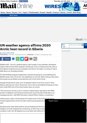 Обложка Электронного документа: UN weather agency affirms 2020 Arctic heat record in Siberia
