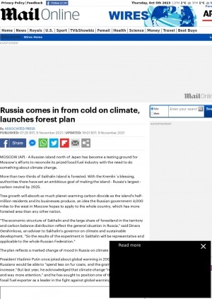 Обложка Электронного документа: Russia comes in from cold on climate, launches forest plan