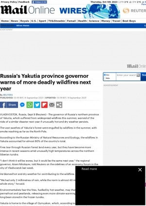 Обложка Электронного документа: Russia's Yakutia province governor warns of more deadly wildfires next year