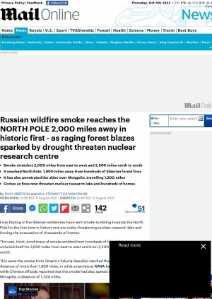 Обложка электронного документа Russian wildfire smoke reaches the NORTH POLE 2,000 miles away in historic first - as raging forest blazes sparked by drought threaten nuclear research centre