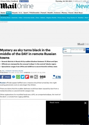 Обложка Электронного документа: Mystery as sky turns black in the middle of the day in remote Russian towns