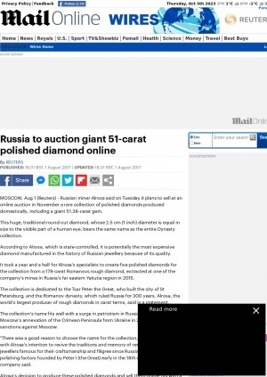 Обложка Электронного документа: Russia to auction giant 51-carat polished diamond online