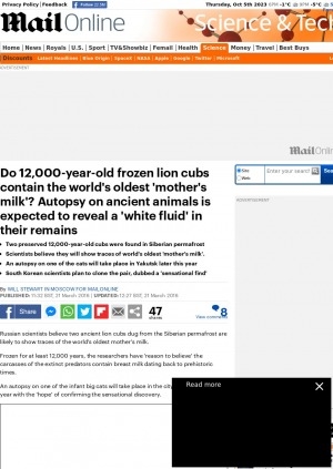 Обложка Электронного документа: Do 12,000-year-old frozen lion cubs contain the world's oldest 'mother's milk'? Autopsy on ancient animals is expected to reveal a 'white fluid' in their remains